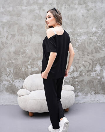 Kadın Kayık Yaka Baskı Detay Salaş Bluz Ve Yüksek Bel Pantolon Ikili Takım