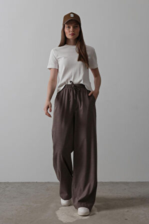 Beli Lastikli Bol Paça Pantolon - Kahve