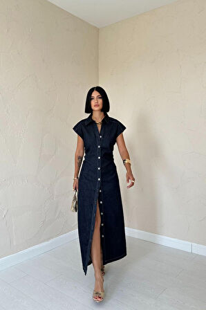 Mavi Kolsuz Vatkalı Elbise