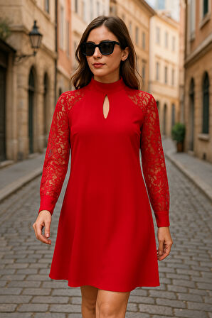 Kadın Uzun Kollu Tül Detay Sandy Mini Boy Elbise