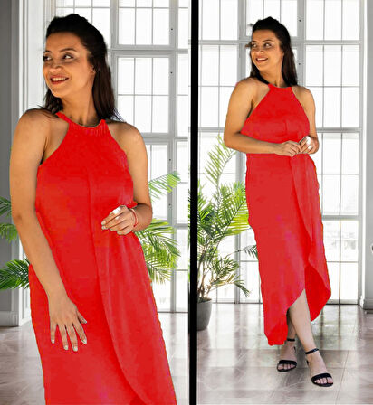 Boyun Askılı Eteği Kruvaze Kesim Viskon Kumaş Elbise