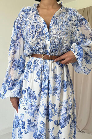 Mavi Biye Detaylı Elbise