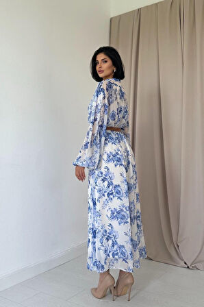 Mavi Biye Detaylı Elbise