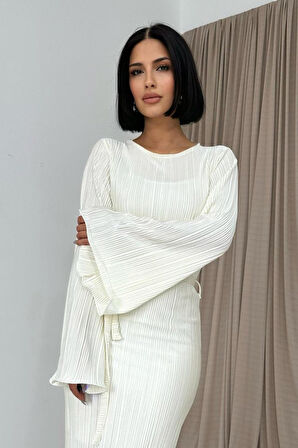 Ekru İspanyol Kol Piliseli Elbise