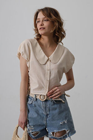 Bebe Yaka Yanları Bağlamalı Bluz - Taş