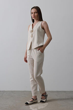 Düğme Detaylı Yelek - Krem