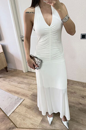 Sırt Dekolteli Uzun Kollu Elbise - Beyaz