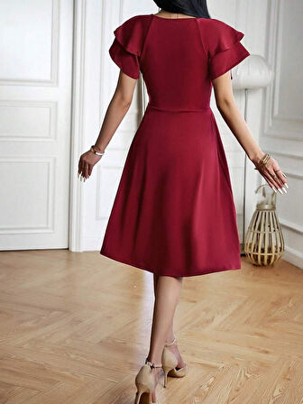 Kadın Kısa Fırfır Kollu Kruvaze Yakalı Kiloş Janjan Krep Elbise