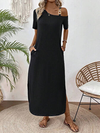 Kadın Tek Omuzdan Açık Toka Detaylı Yandan Yırtmaçlı Maksi Boy Viskon Elbise