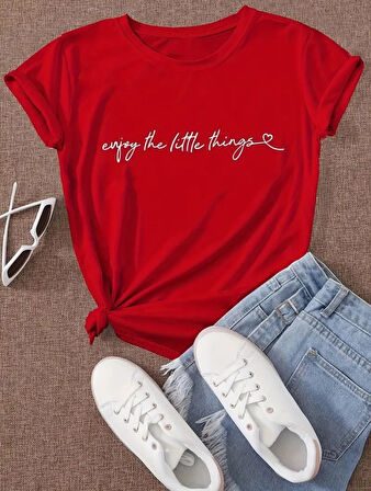 Kadın Kısa Kollu önü Yazı Baskılı Basic Süprem Bluz