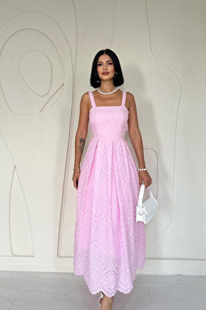 Pembe Askılı Aparatlı Brode Elbise