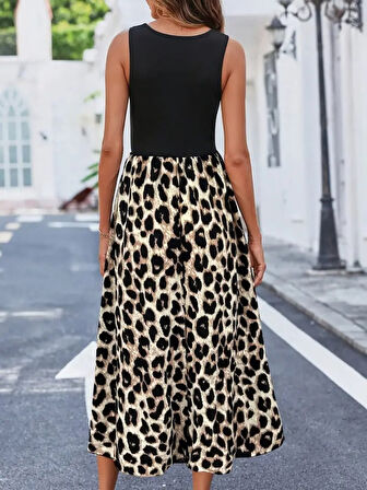 Kadın Askılı Yuvarlak Yaka üst Viskon Alt Leopar Desenli Süprem Uzun Elbise