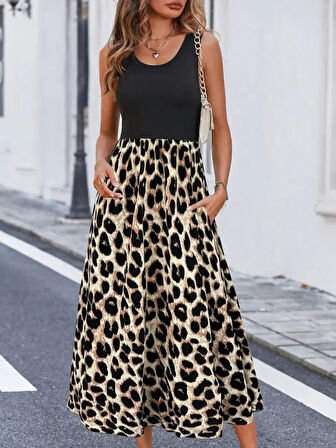 Kadın Askılı Yuvarlak Yaka üst Viskon Alt Leopar Desenli Süprem Uzun Elbise