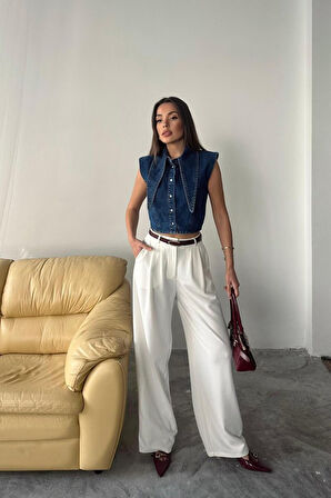 Mavi Yaka Detaylı Denim Crop