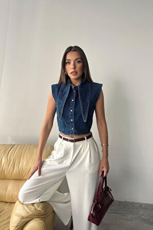 Mavi Yaka Detaylı Denim Crop