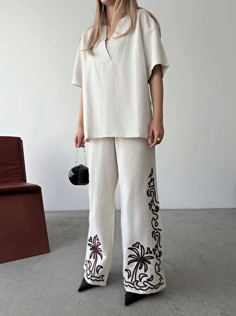 Keten Kısa Kolu  V Yaka Bluz Pantolon Ikili Takım- Beyaz