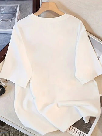 Baskılı Oversize Bisiklet Yaka T-shirt - Beyaz