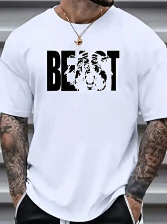 Baskılı Oversize Bisiklet Yaka T-shirt - Beyaz