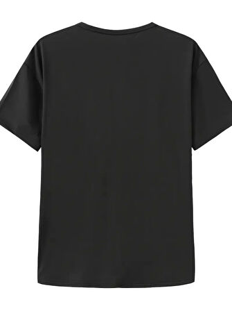 Baskılı Oversize Bisiklet Yaka T-shirt - Siyah