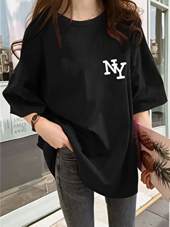 Baskılı Oversize Bisiklet Yaka T-shirt - Siyah