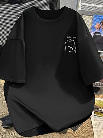 Baskılı Oversize Bisiklet Yaka T-shirt - Siyah