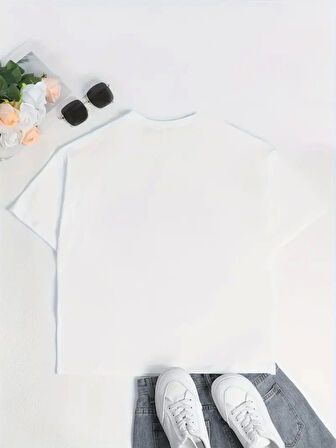Baskılı Oversize Bisiklet Yaka T-shirt - Beyaz
