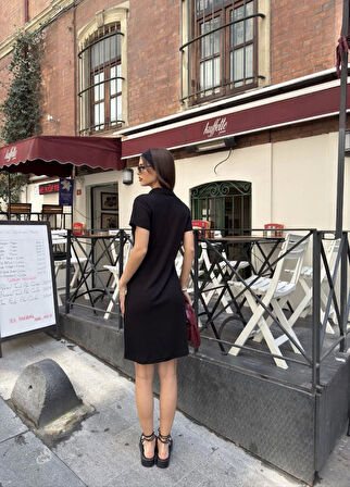 Osy Modal Yumuşak Dokulu Kumaş Yakalı Kısa Kollu Elbise - Siyah
