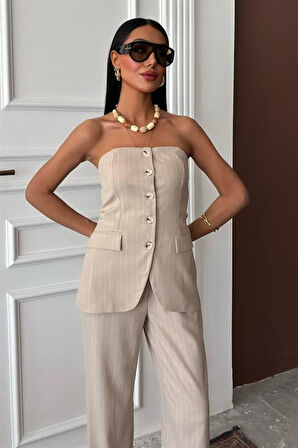 Straplez Büstiyerli Plazzo Pantolonlu Çizgili Takım 10151