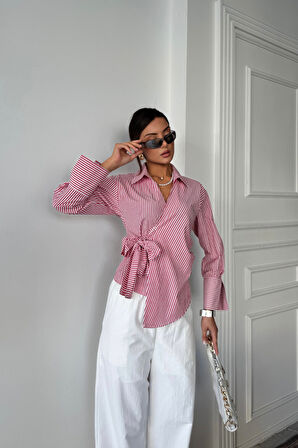 ÇİZGİLİ POPLİN KRUVAZE BAĞLAMALI GÖMLEK - Kırmızı