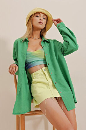 Kadın Keten Kumaş Oversize Gömlek