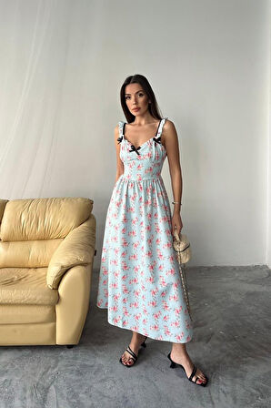 Bebe Mavi Önü Fiyonklu Çiçekli Elbise