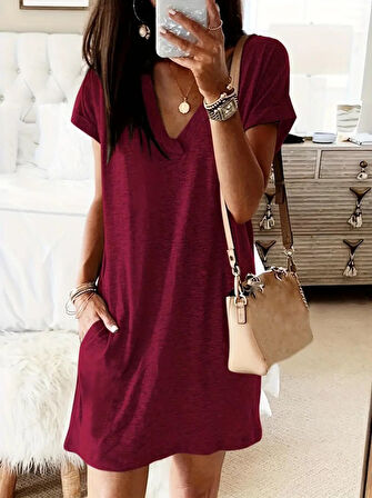 Kadın Kısa Kollu V Yakalı Cepli Kısa Viskon Elbise