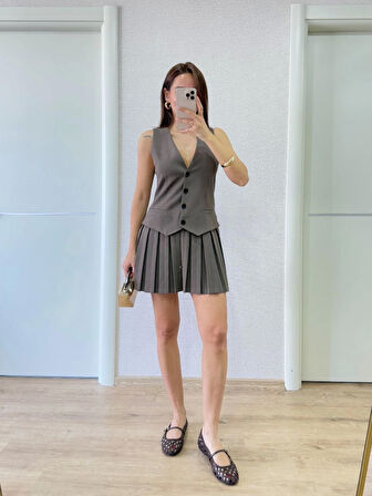 Takım Görünümlu Yelekli Mini Elbise- Füme