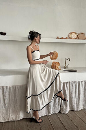Bej Şerit Detay Keten Elbise