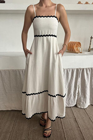 Bej Şerit Detay Keten Elbise