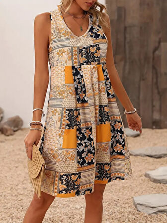 Kadın Sıfır Kol Yuvarlak Yaka çiçek Desenli Süprem Elbise