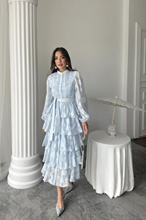 Bebe Mavi Uzun Volanlı Elbise