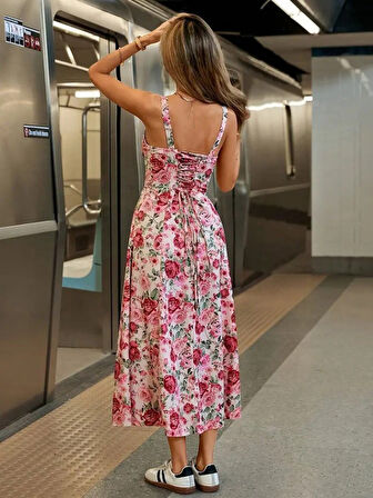 Kadın Askılı Geniş V Yakalı Sırttan Bağlamalı Yırtmaçlı Süprem Elbise