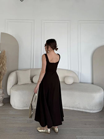 Sırt Dekolteli Kolsuz Uzun Elbise - Kahverengi