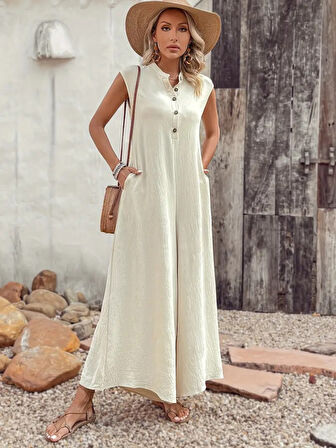 Kadın Kısa Kollu önden Düğmeli Paçaya Doğru Geniş Cepli Uzun Bürümcük Tulum