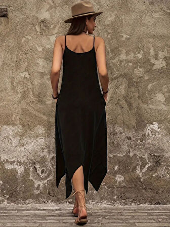 Kadın Askılı V Yakalı Cep Detaylı Asimetrik Kesim Detaylı Viskon Elbise