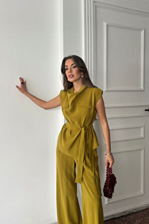 TENCEL MODAL KOLSUZ BLUZ KAPALI CEP DETAYLI DÖKÜMLÜ - PANTOLON TAKIM - Yağ Yeşili