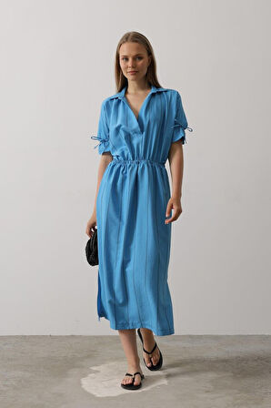 Beli Lastikli Elbise - Mavi