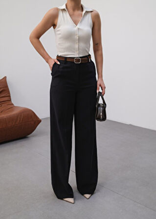 Keten Kemerli̇ Ve Dökümlü Palazzo Pantolon (Kemer Dahi̇l)