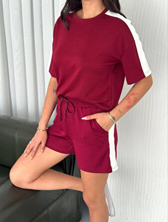 Osy Modal Yumuşak Dokulu Kumaş Parçalı Bisiklet Yaka T-shirt Kısa Şort İkili Takım -  Bordo