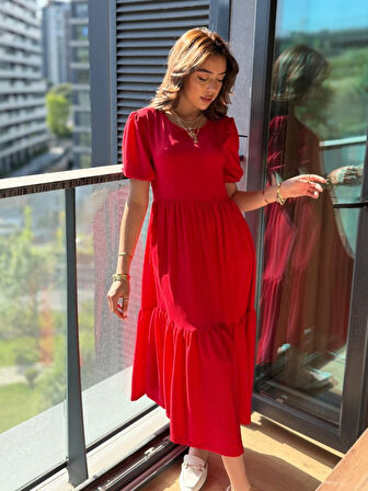 Kadın Kısa Kollu Yakası Açık Katlı Bürümcük Balon Elbise