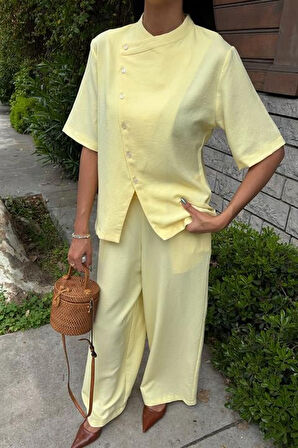 Hakim Yaka Çapraz Düğmeli Plazzo Pantolon Viscon Keten Takım 10209