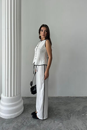 KETEN KENARLARI BİYELİ YELEK - PANTOLON TAKIM - Beyaz