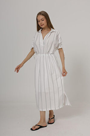 Beli Lastikli Elbise - Beyaz