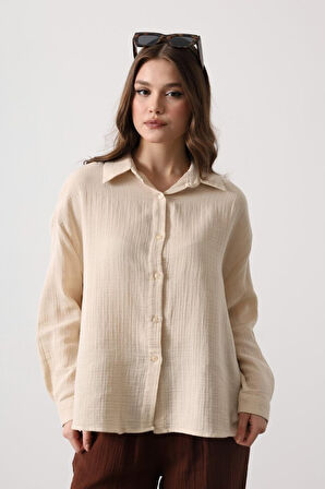 Müslin Uzun Kol Gömlek - Bej